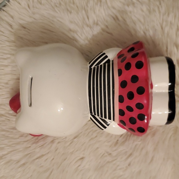 Hello Kitty Ceramic Coin Bank 8" Tall. Pink Polka Dot Skirt, Striped Blouse - Picture 2 of 10